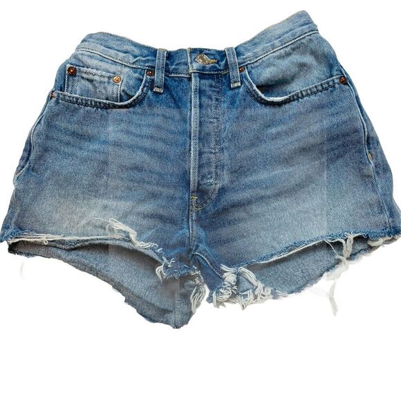 Re/Done 70S High Rise Shorts Womens 28" Waist Denim Buttonfly Distressed Cutoffs - Picture 1 of 10